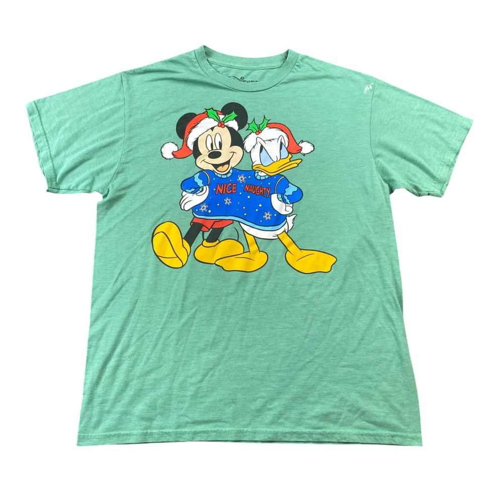 Disney Mickey Mouse Donald Duck Christmas Shirt Mens Large Nice Naughty Green